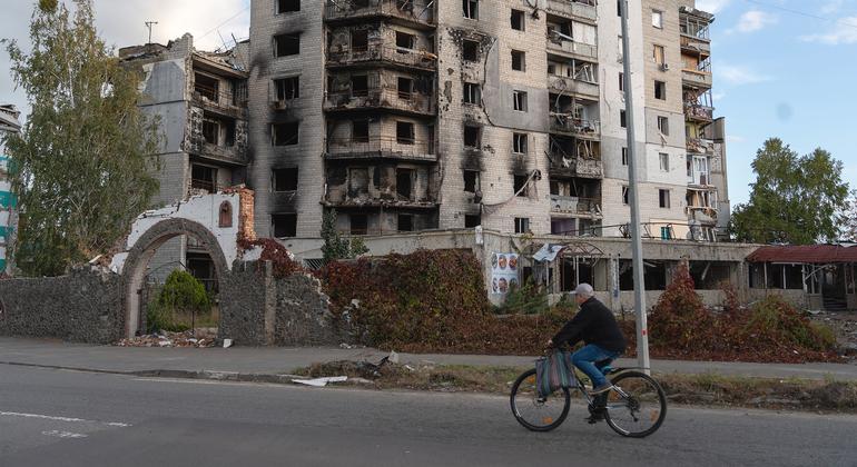 An apartment building in Borodianka, Ukraine, stands in ruins following a missile attack. 