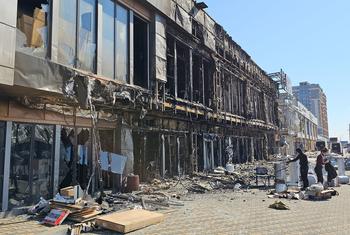 A bombed shopping centre lies in ruins in Odesa.