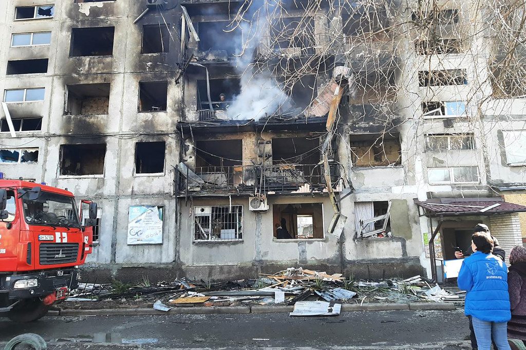 A building is destroyed by a shell attack in Donetsk region, Ukraine.