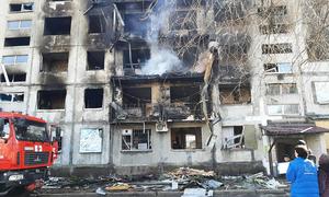 A building is destroyed by a shell attack in Donetsk region, Ukraine.