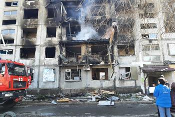 A building is destroyed by a shell attack in Donetsk region, Ukraine.