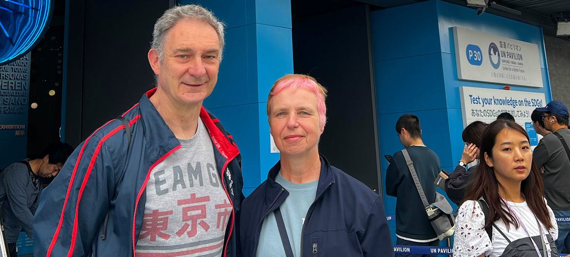 Phil Malone (left) and his companion visit the UN Pavilion. Phil Malone (left) and his companion visit the UN Pavilion.
