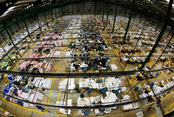 Employees work at a garment factory in Haiti