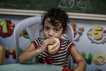 Une jeune fille mange du pain distribué par le Programme alimentaire mondial dans une école de l'UNRWA à Gaza. 
