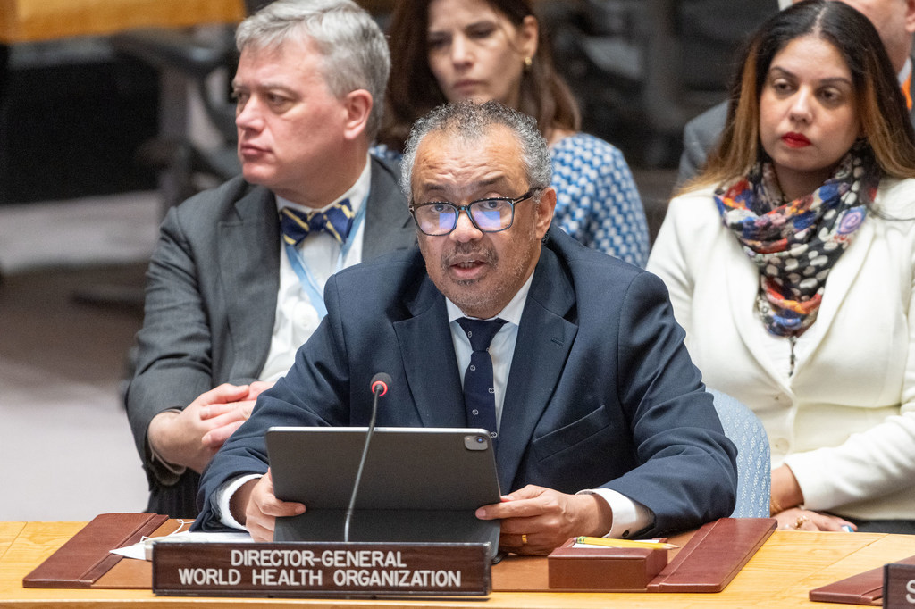 WHO Director-General Tedros Adhanom Ghebreyesus briefs the UN Security Council meeting on the situation in the Middle East.