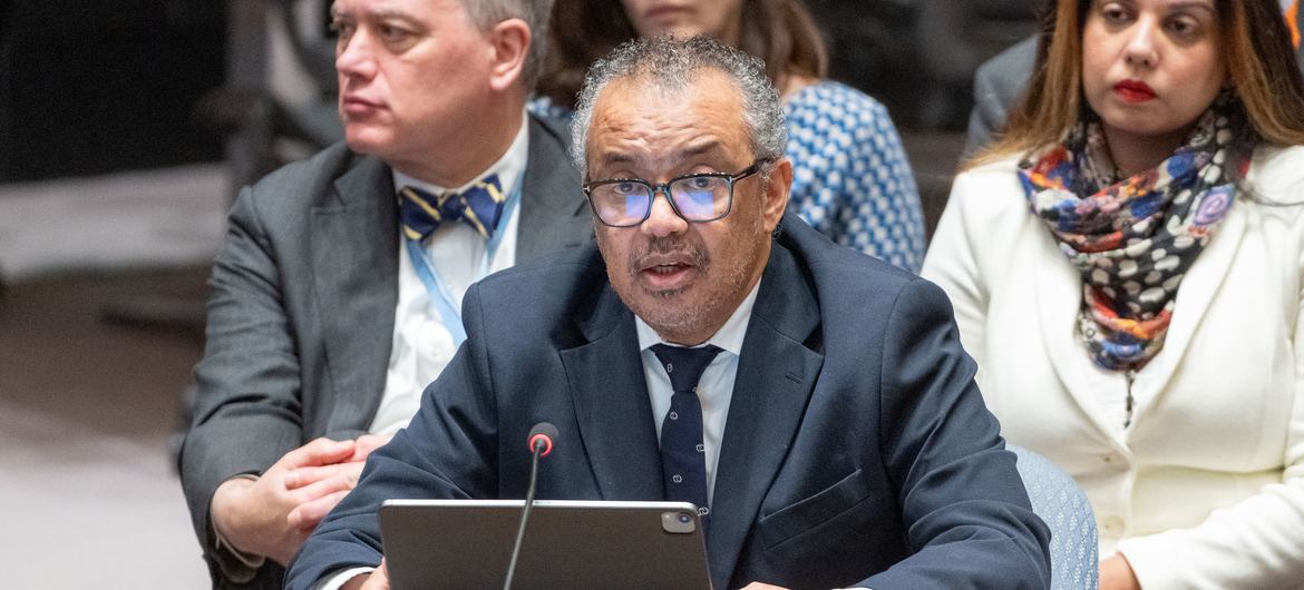 WHO Director-General Tedros Adhanom Ghebreyesus briefs the UN Security Council meeting on the situation in the Middle East.