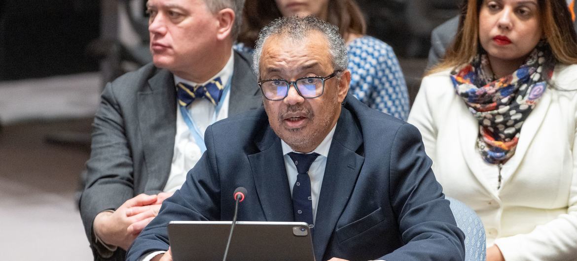 Le directeur général de l'OMS, Tedros Adhanom Ghebreyesus, lors d'une réunion du Conseil de sécurité de l'ONU sur la situation au Moyen-Orient, le 10 novembre 2023.