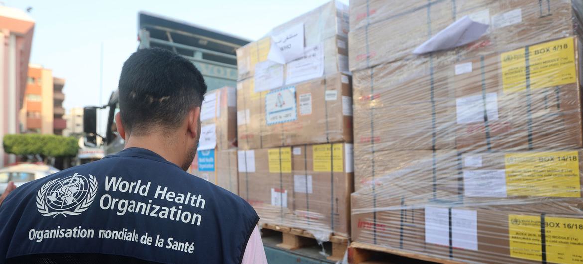 WHO staff prepare medical supplies for delivery to the Nasser Medical Complex in Khan Younis, Gaza.