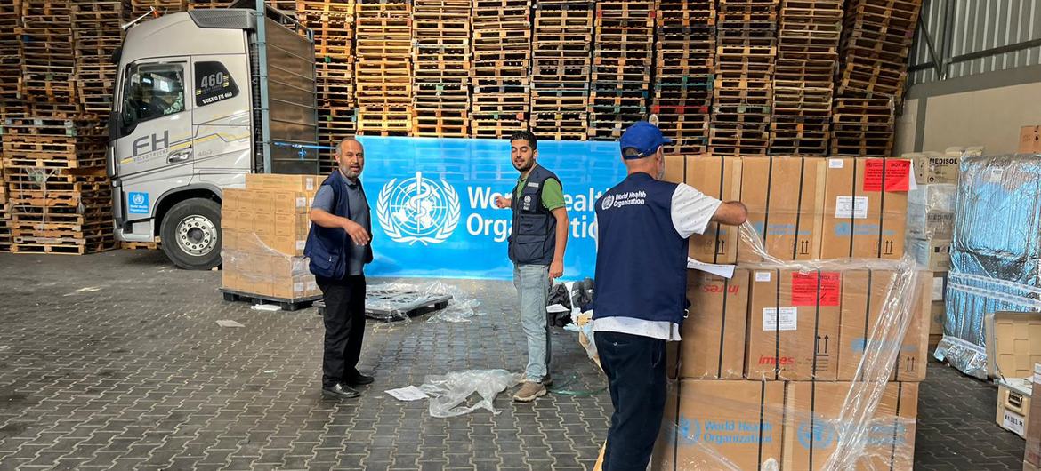 Medical supplies are prepared for delivery at a WHO warehouse in Gaza.