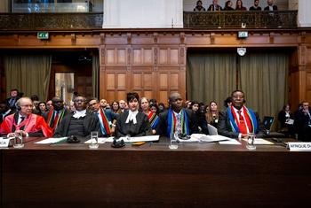 Membres de l'équipe juridique de l'Afrique du Sud devant la Cour internationale de Justice.
