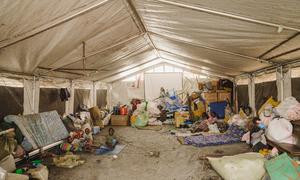 A tent serves as a reception area for displaced families at a hospital near Goma, North Kivu province, DR Congo.