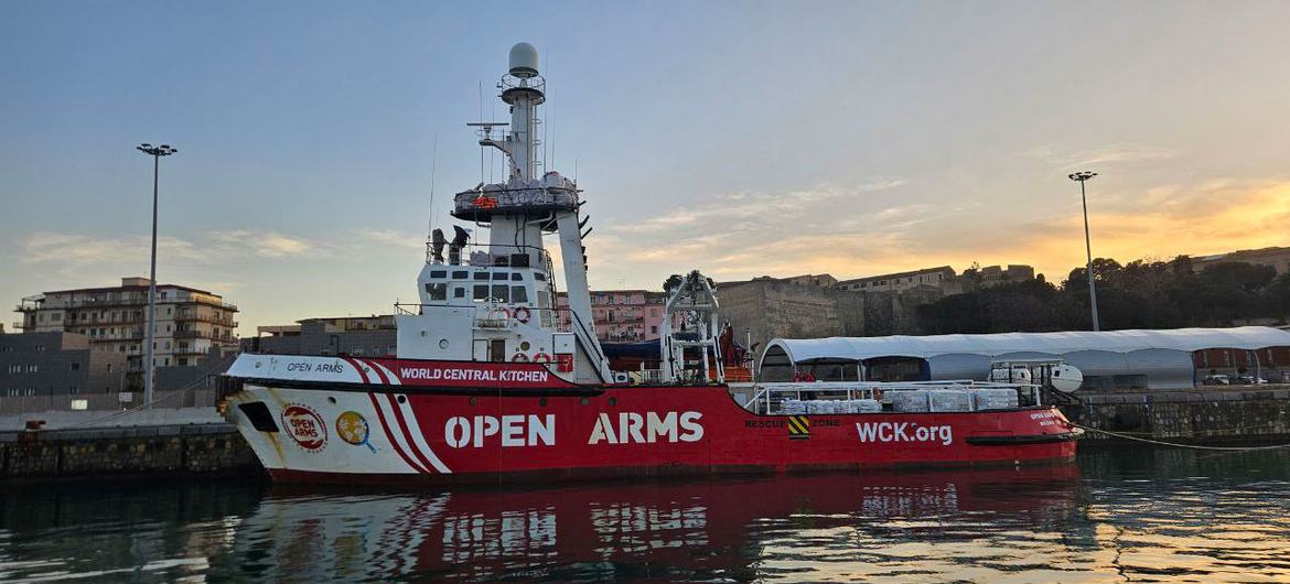 The Open Arms tugboat in Crotona harbour, Italy, preparing to set sail for Larnaca, Cyprus, as part of a joint mission with World Central Kitchen NGO to Gaza.