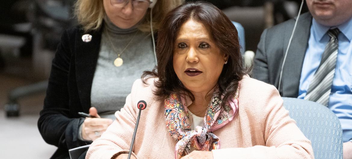 La representante especial del Secretario General sobre la violencia sexual en los conflictos, Pramila Patten, informa a los miembros del Consejo de Seguridad de la ONU sobre la situación en Oriente Medio, incluida la cuestión palestina.