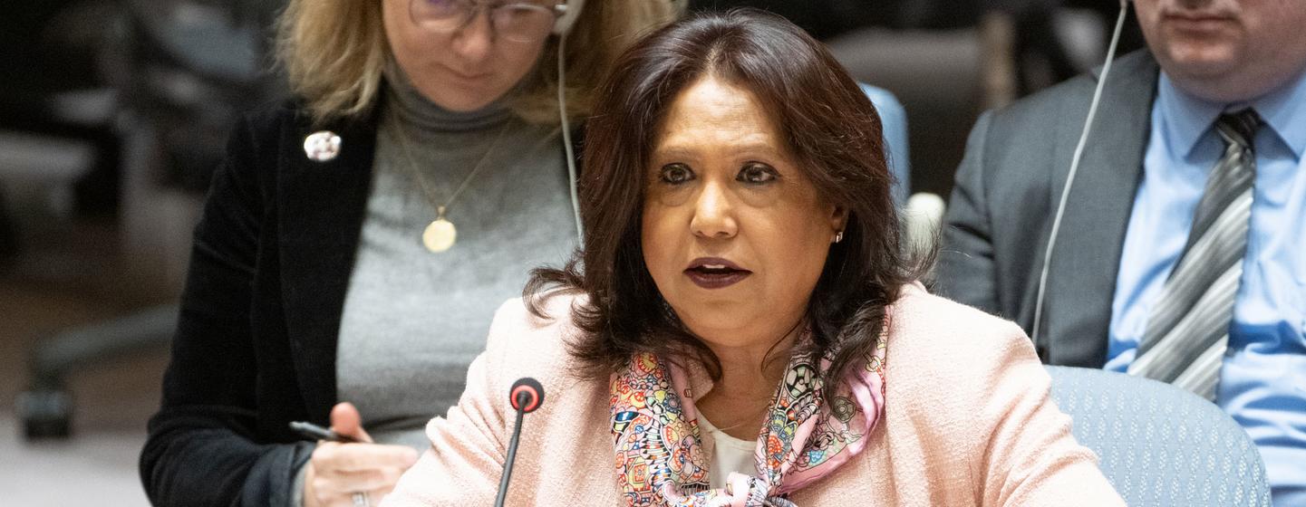 Pramila Patten, Représentante spéciale du Secrétaire général chargée de la question des violences sexuelles commises en période de conflit, informe les membres du Conseil de sécurité de l'ONU de la situation au Moyen-Orient, y compris de la question pale…