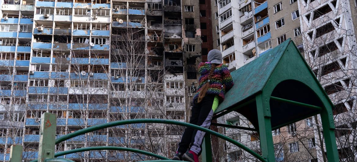 An apartment building damaged by shelling in Kyiv, Ukraine. (Feb 2024)