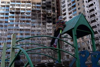 An apartment building damaged by shelling in Kyiv, Ukraine. (Feb 2024)