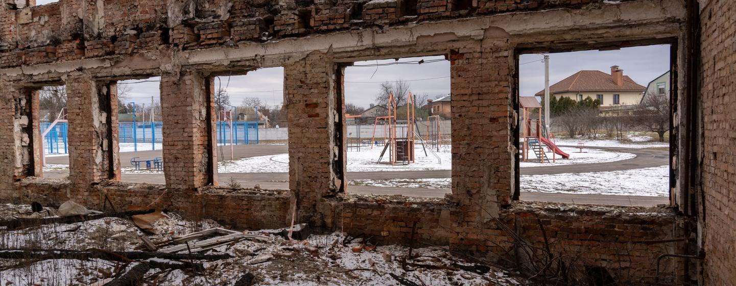 École de Kharkiv, Ukraine, détruite par un bombardement (février 2024).