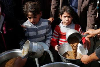 Niños de la Franja de Gaza esperan a que les sirvan comida.