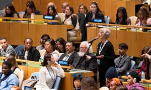 A participant addresses a townhall meeting between the UN Secretary General and civil society groups.