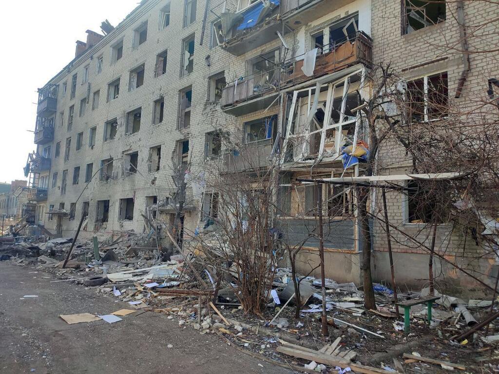A heavily damaged apartment building in Sloviansk, eastern Ukraine.