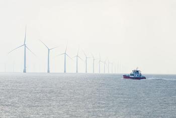 A boat passes in front of an offshore wind power project close to Yancheng in eastern China.