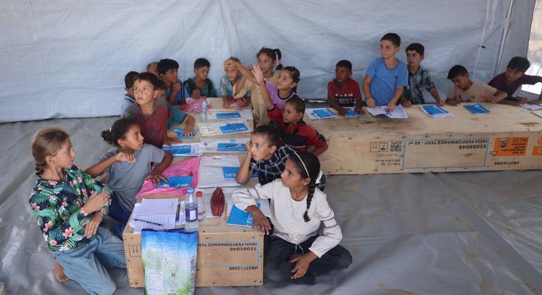 Children in Gaza study on desks made from wooden pallets. Children in Gaza study on desks made from wooden pallets.