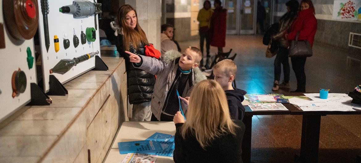 Children learn about explosive weapons at a Spilno-spot in a metro station in Kharkiv, Ukraine, on November 15, 2022.