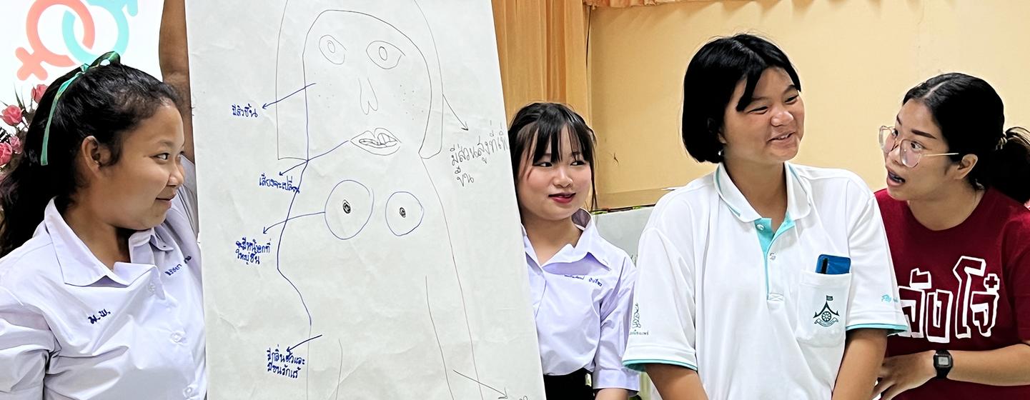 Teenagers in northern Thailand participate in a sexual and reproductive health class, a UNFPA programme supported by Reckitt.