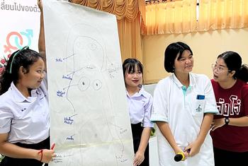 Teenagers in northern Thailand participate in a sexual and reproductive health class, a UNFPA programme supported by Reckitt.
