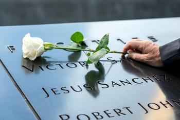 A visitor lays a white rose at the 9/11 Memorial & Museum in New York City.