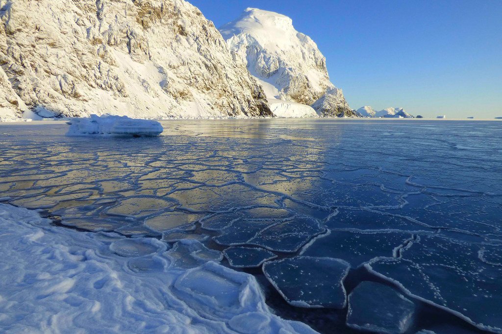 Formación de hielo marino en Bahía Uruguay, Isla Laurie, en Orcadas del Sur, Antártida