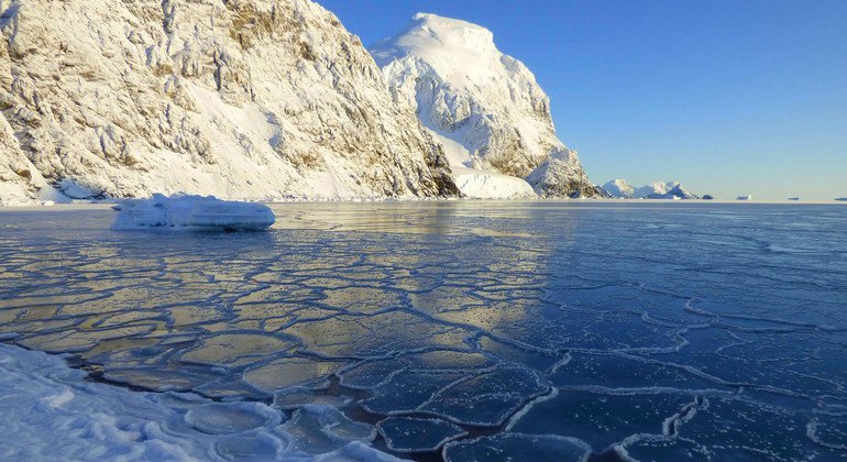 Formação de gelo marinho na Baía do Uruguai, Ilha Laurie, Orkney do Sul, Antártica. Ano foi marcado por ondas recordes de calor