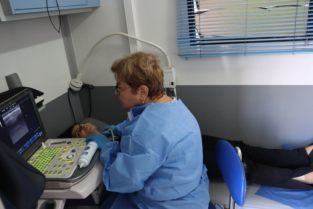 Врач МОМ осматривает пациента в недавно созданной мобильной медицинской клинике в Горисе.