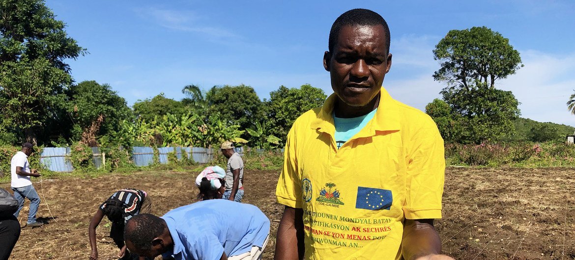 Farming relation  member, Pierre Ybert, works   alongside different   members planting achromatic  legume  seeds.