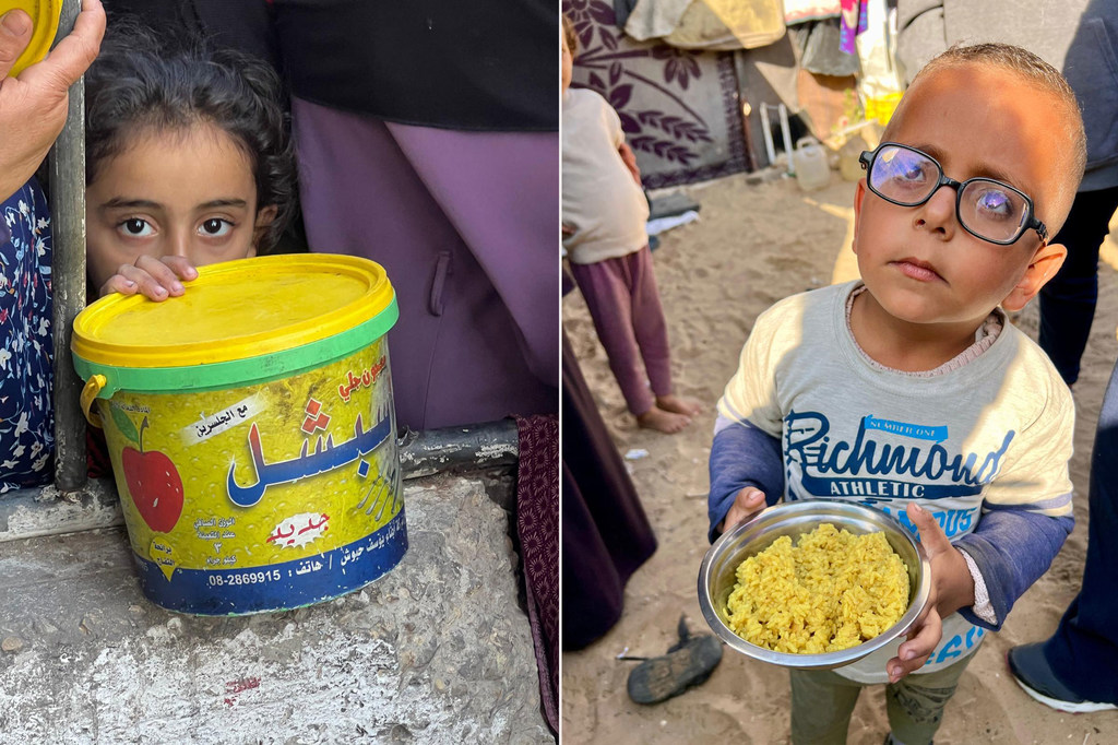 À Gaza, deux enfants reçoivent des rations alimentaires. Une fillette jette un coup d'œil derrière un récipient jaune, tandis qu'un garçon à lunettes tient un bol de nourriture.