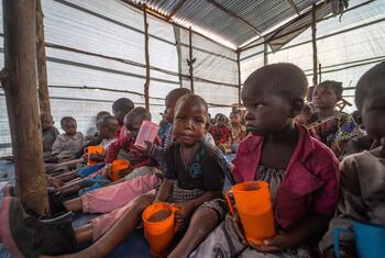 Children in DR Congo participating in a nutrition program, receiving meals and health screenings at a shelter managed by the Tuungana Cooperative.