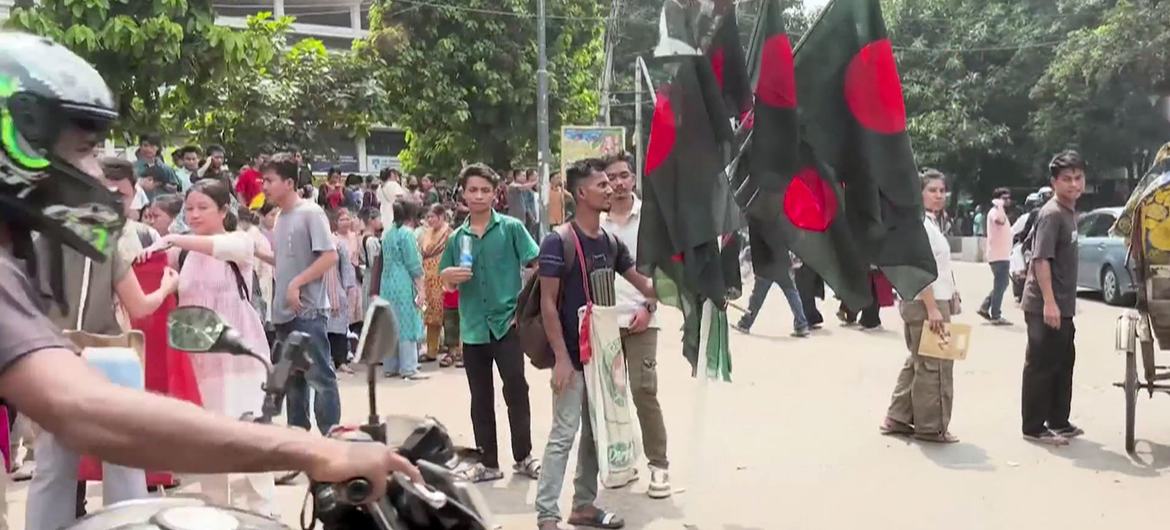 People gather in a street in Dhaka, the capital of Bangladesh.