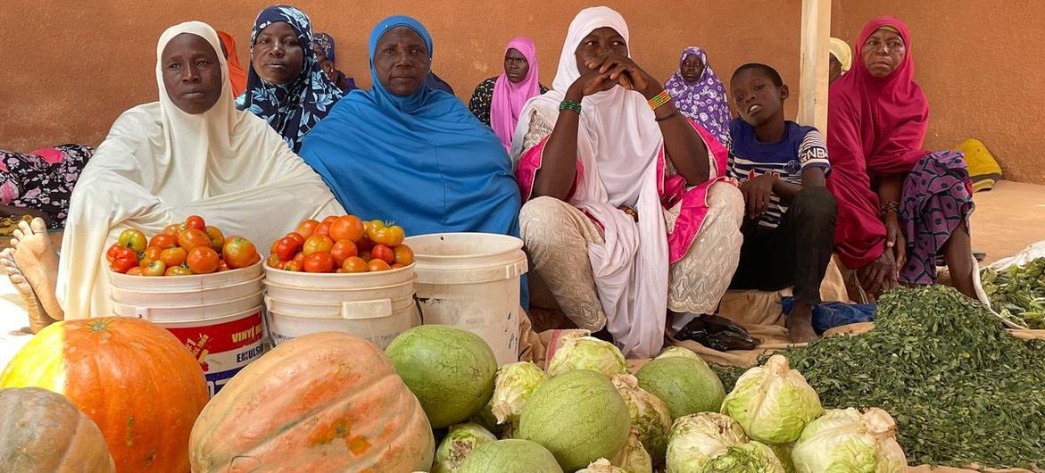 نساء يبيعن فائض حديقتهن في سوق محلي في منطقة تيلابيري في النيجر.