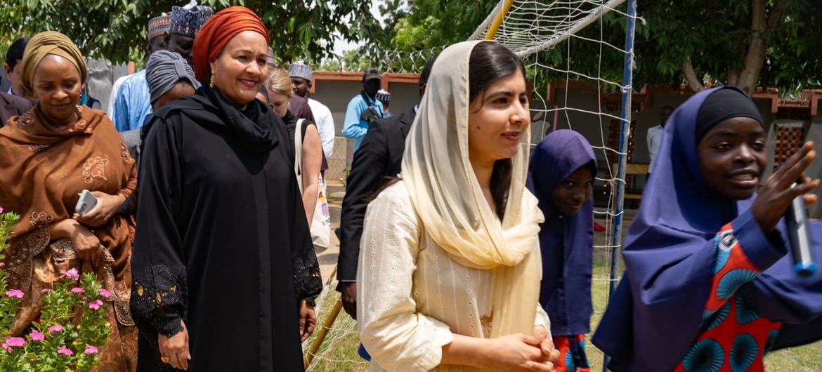 Deputy Secretary-General Amina J. Mohammed and Malala Yousafzai, Nobel Peace Prize Laureate and UN Messenger of Peace,   meet with students at Lafiya Sariri Learning Centre, in Borno state, North-eastern Nigeria.