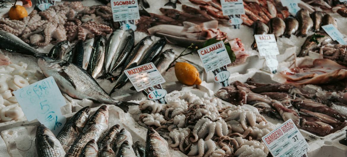 Seafood is put on display at a market in Italy.