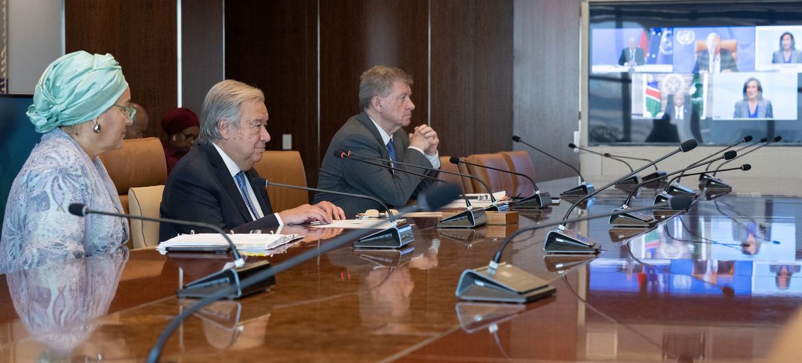 UN Secretary-General António Guterres (centre at left) participates in a global call for action ahead of the Summit of the Future.