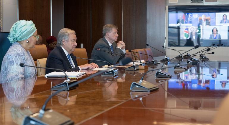 UN Secretary-General António Guterres (centre at left) participates in a global call for action ahead of the Summit of the Future.