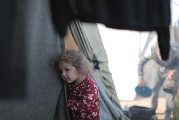 A young girl peers out from a tent in Gaza. A young girl peers out from a tent in Gaza.