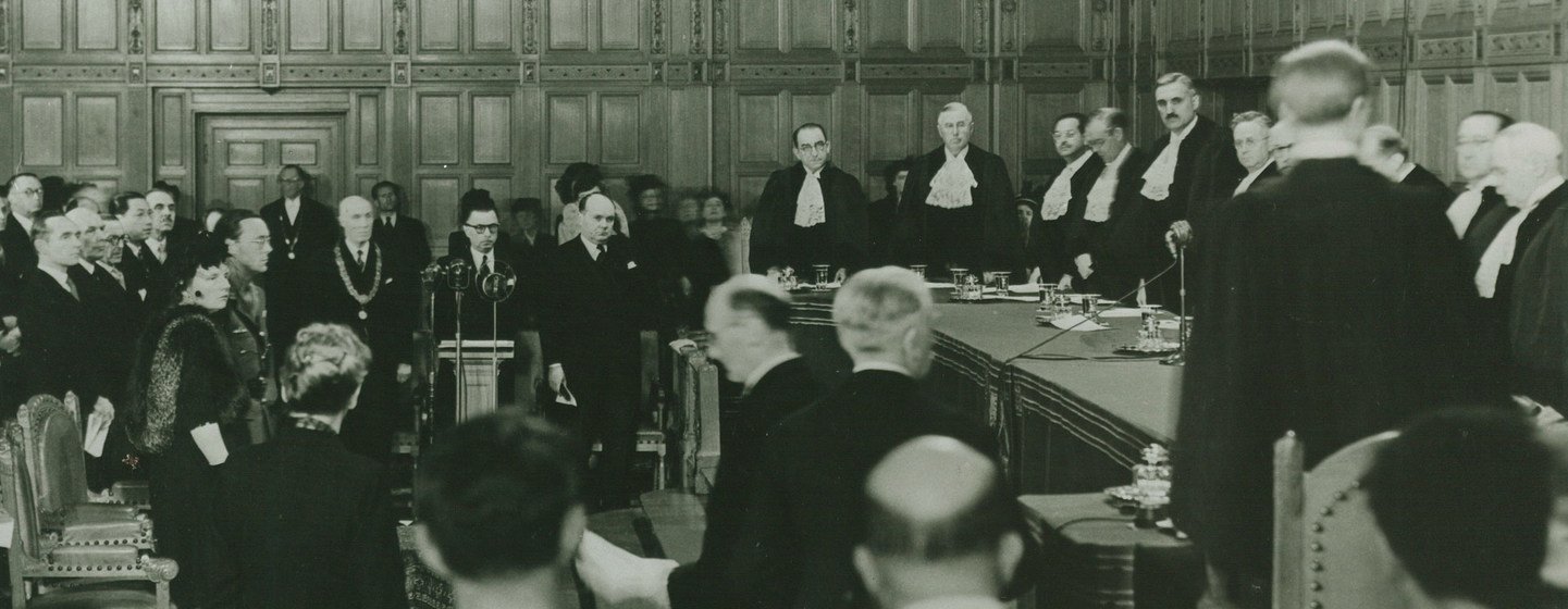 The ICJ held its inaugural session on 18 April 1946 at the Peace Palace in The Hague, Netherlands.