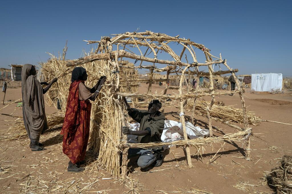 أشخاص فروا من منازلهم يبنون مأوى في مخيم للنازحين في طويلة، دارفور.