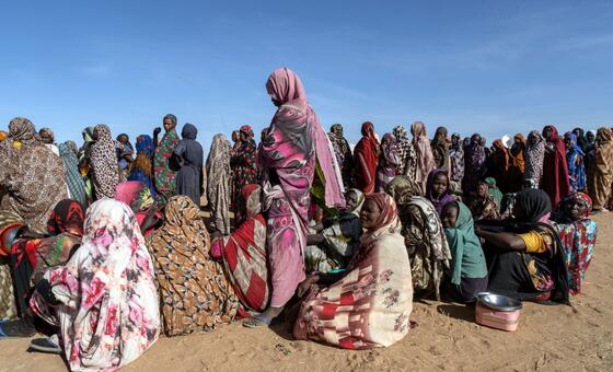 نساء فررن من منازلهن بسبب النزاع في دارفور يصطففن للحصول على الطعام في مطبخ مجتمعي في مدينة طويلة، دارفور.