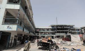 A school in Khan Younis, which served as a shelter when the conflict started, lies in ruins.