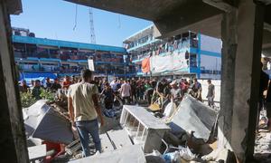 Former schools continue to be used as shelters for displaced people.