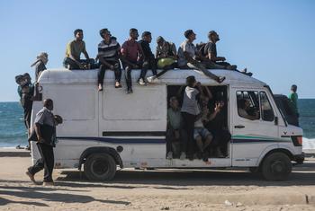 نازحون فلسطينيون يسافرون على طول الطريق الساحلي عائدين إلى شمال غزة.