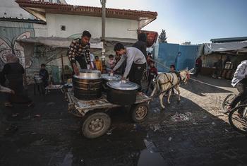 Des repas chauds sont distribués à des personnes qui ont fui leur domicile à Gaza.